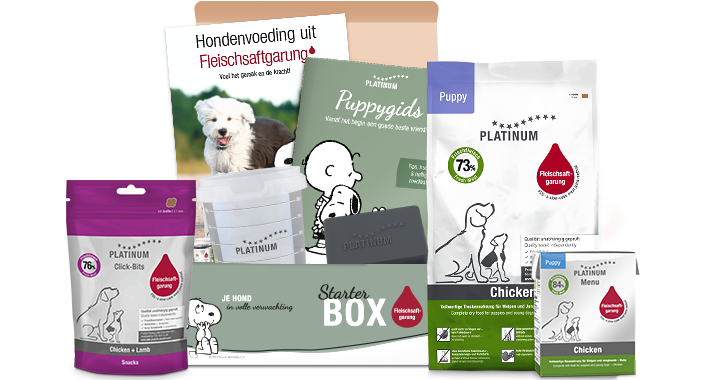 Droog puppyvoer, nat puppyvoer, speelgoed voor honden, informatie over puppy's, maatbekers voor hondenvoer